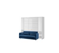 Lit escamotable 160 x 200 cm canapé bleu armoires étagères tête de lit bleue chevets intégrés ouverture pneumatique - blanc brillant / blanc mat - SMART