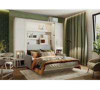 Lit escamotable 160 x 200 cm canapégris clair armoires étagères tête de lit chevets intégrés ouverture pneumatique - blanc mat - SMART