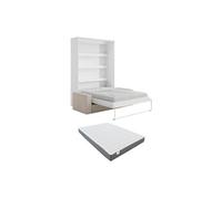 Lit escamotable 160 x 200 cm - Ouverture verticale manuelle - Avec LEDs - Blanc et naturel + Matelas + Canapé - RAPILI