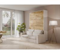 Lit escamotable 160 x 200 cm - Ouverture verticale manuelle - Avec LEDs - Blanc et naturel + Matelas + Canapé - RAPILI