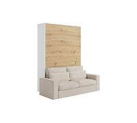 Lit escamotable 160 x 200 cm - Ouverture verticale manuelle - Avec LEDs - Blanc et naturel + Canapé - RAPILI