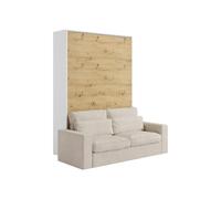 Lit escamotable 160 x 200 cm - Ouverture verticale manuelle - Coloris : Naturel et blanc + Canapé - BEGANIO