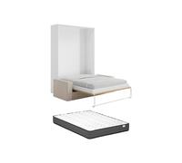 Lit escamotable 160 x 200 cm - Ouverture verticale manuelle - Coloris : Naturel et blanc + Matelas + Canapé - BEGANIO