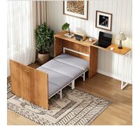 Lit Escamotable avec Bureau Pivotant, Cadre de lit avec Matelas, Armoire Lit Roulante, Lit Pliable Convertible (Natural)