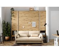 Lit escamotable canapé 140 x 200 cm avec canapé et tête de lit beige - armoires étagères chevets intégrés ouverture pneumatique - chêne - SMART