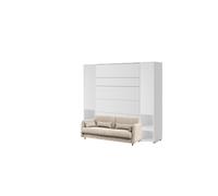 Lit escamotable canapé 140 x 200 cm avec canapé et tête de lit gris - armoires étagères chevets intégrés ouverture pneumatique - blanc mat - SMART