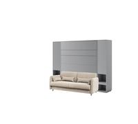 Lit escamotable canapé crème à bouclettes, armoires étagères, tête de lit et chevets intégrés ouverture pneumatique - SMART