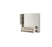 Lit escamotable canapé crème à bouclettes, armoires étagères, tête de lit et chevets intégrés ouverture pneumatique - SMART