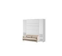 Lit escamotable canapé crème à bouclettes, armoires étagères, tête de lit et chevets intégrés ouverture pneumatique - SMART