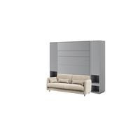 Lit escamotable canapé crème à bouclettes, armoires étagères, tête de lit et chevets intégrés ouverture pneumatique - SMART