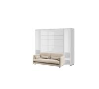 Lit escamotable canapé crème à bouclettes, armoires étagères, tête de lit et chevets intégrés ouverture pneumatique - SMART