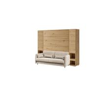 Lit escamotable canapé crème à bouclettes, armoires étagères, tête de lit et chevets intégrés ouverture pneumatique - SMART