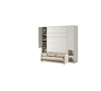 Lit escamotable canapé crème à bouclettes, armoires étagères, tête de lit et chevets intégrés ouverture pneumatique - SMART