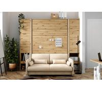 Lit escamotable canapé crème à bouclettes, armoires étagères, tête de lit et chevets intégrés ouverture pneumatique - SMART