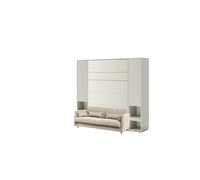 Lit escamotable canapé crème velour armoires étagères, tête de lit et chevets intégrés ouverture pneumatique - SMART