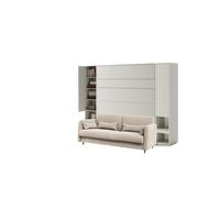 Lit escamotable canapé crème velour armoires étagères, tête de lit et chevets intégrés ouverture pneumatique - SMART