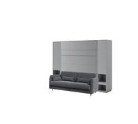 Lit escamotable canapé gris armoires étagères, tête de lit et chevets intégrés ouverture pneumatique - SMART
