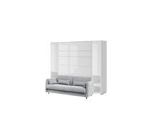 Lit escamotable canapé gris clair armoires étagères, tête de lit et chevets intégrés ouverture pneumatique - SMART