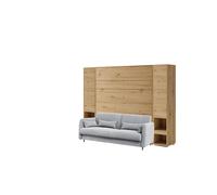 Lit escamotable canapé gris clair armoires étagères, tête de lit et chevets intégrés ouverture pneumatique - SMART