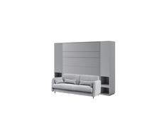 Lit escamotable canapé gris clair armoires étagères, tête de lit et chevets intégrés ouverture pneumatique - SMART
