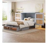 Lit escamotable Double 140×200 cm avec sommier, tiroirs, design rotin et rangement - MEUNIQ - Sans matelas, bois gris