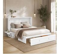 Lit escamotable double 140×200 cm avec tiroir de rangement et étagères latérales, sans matelas, bois blanc - UVRION