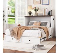 Lit escamotable double 140×200 cm avec tiroir, étagère, USB et prise, sans matelas, bois blanc - UVRION