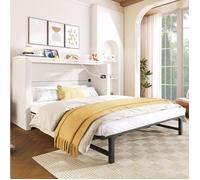 Lit escamotable Double 140 × 200 cm avec tiroir, USB et Type-C - TCQPZ - sans matelas, lin et MDF beige
