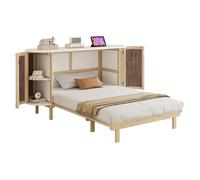 Lit Escamotable Double Bois 140x200cm, Mural À Lattes Pliant Vertical, Rangement, Design Rotin & Bois, Enfant/simple, Sans Matelas
