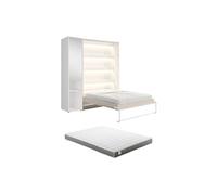Lit escamotable vertical 140 x 200 cm - 1 colonne de rangement - Avec miroir et LEDs - Beige + Matelas - RAPILI