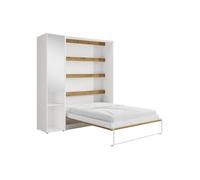Vente-unique - Lit escamotable Vertical 140 x 200 cm - 1 Colonne de Rangement - avec Miroir et LEDs - Blanc et Naturel - RAPILI