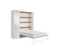 Lit escamotable vertical 140 x 200 cm - 1 colonne de rangement - Avec miroir et LEDs - Blanc et naturel - RAPILI