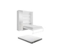 Lit escamotable vertical 140 x 200 cm - 1 colonne de rangement - Avec miroir et LEDs - Blanc + Matelas - RAPILI