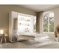 Lit escamotable vertical 140 x 200 cm - 2 colonnes de rangement - Avec miroirs et LEDs - Blanc + Matelas - RAPILI