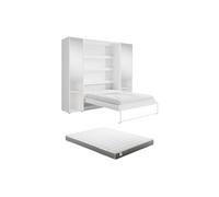 Lit escamotable vertical 140 x 200 cm - 2 colonnes de rangement - Avec miroirs et LEDs - Blanc + Matelas - RAPILI