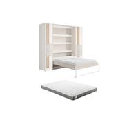 Lit escamotable vertical 140 x 200 cm - 2 colonnes de rangement - Avec tasseaux et LEDs - Beige + Matelas - RAPILI
