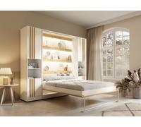 Vente-unique - Lit escamotable Vertical 140 x 200 cm - 2 colonnes de Rangement - avec tasseaux et LEDs - Blanc et Naturel - RAPILI