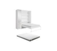 Lit escamotable vertical 160 x 200 cm - 1 colonne de rangement - Avec miroir et LEDs - Blanc + Matelas - RAPILI