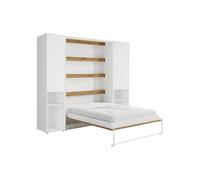 Lit escamotable vertical 160 x 200 cm - 2 colonnes de rangement - Avec LEDs - Blanc et naturel - RAPILI