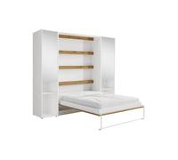 Lit escamotable vertical 160 x 200 cm - 2 colonnes de rangement - Avec miroirs et LEDs - Blanc et naturel - RAPILI