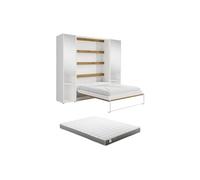 Vente-unique - Lit escamotable Vertical 160 x 200 cm - 2 colonnes de Rangement - avec miroirs et LEDs - Blanc et Naturel + Matelas - RAPILI
