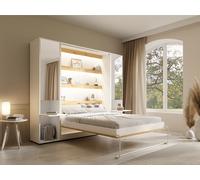 Lit escamotable vertical 160 x 200 cm - 2 colonnes de rangement - Avec miroirs et LEDs - Blanc et naturel + Matelas - RAPILI