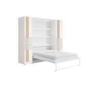 Lit escamotable vertical RAPILI 140x200 cm - 2 colonnes de rangement - Panneau de particule - Blanc - Avec LEDs