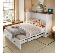 Lit escamotable - ZEVKOR - Double 140×200 cm - Rangement - Prise intégrée - Roulettes silencieuses