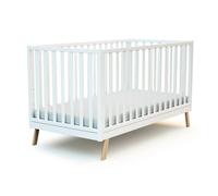 AT4 - Lit bébé évolutif en bois KASA Blanc 70 x 140 cm | 146 x 74,5 x 83 cm | Sommier réglable 3 hauteurs | Échelle amovible | Transformable en lit junior