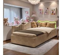 Lit Fille 90 x 200 cm avec Lampes LED,Lit Simple pour Enfant et Fonction hydraulique,Sommier à Lattes,Velours(sans Matelas)