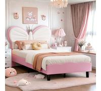 Lit Fille 90x200 avec éclairage LED et Sommier à Lattes, Lit 1 Place Enfant avec tête de lit en forme de papillon avec réglage en hauteur, lit Princesse rembourré, Cadre de lit Rose (90 x 200 cm)