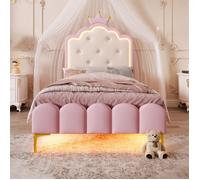 Lit fille - SEA WALL - 90x200cm - Similicuir - LED - Couronne rose