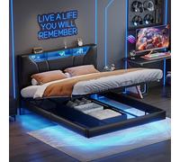 Lit flottant 140x200 cm, Lit Double rembourré avec Rangement et LED, port USB, Lits Coffre hydraulique, Lits plateforme, Avec Sommier à lattes en Bois, Structure Métallique, PU (140x200cm /Noir)