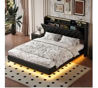 Lit Flottant 160 x 200 cm, Lit Coffre avec Rangement, Lit Double avec LED et USB, PU, Noir